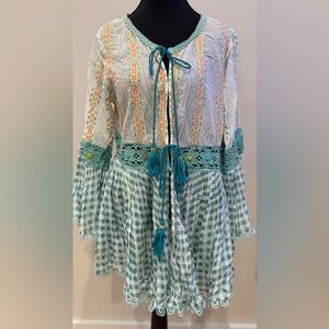 Embroidered Teal and White Swim Coverup